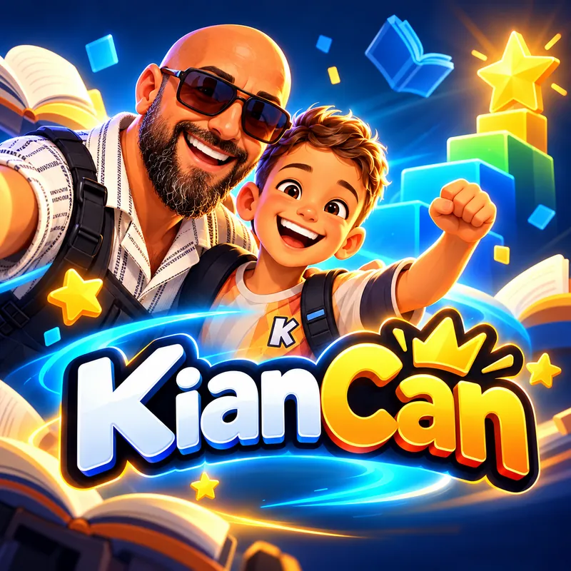 Illustration of Kian and his dad smiling together, with the KianCan logo