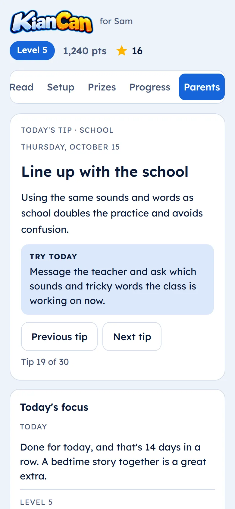 The Parents tab with today's tip