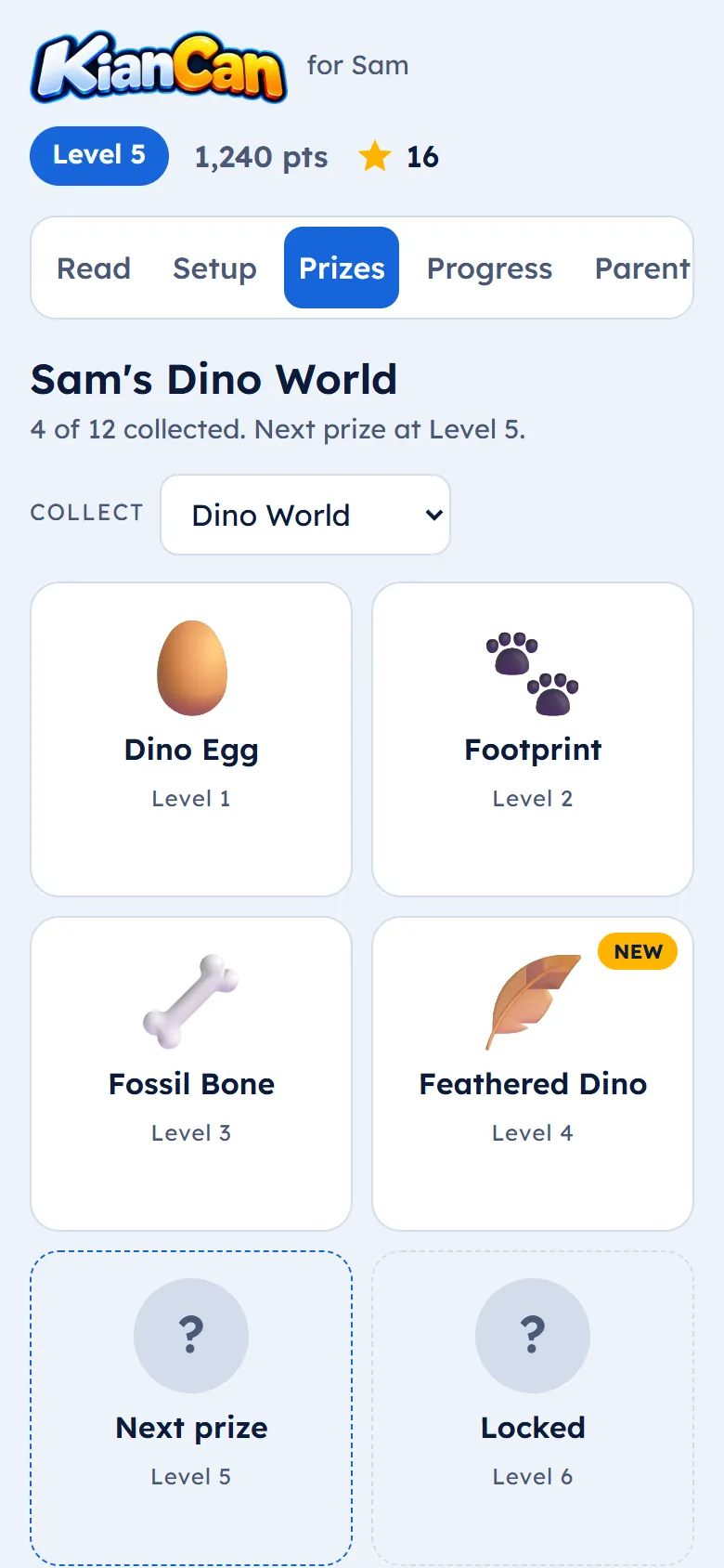 Sam's dinosaur prize collection